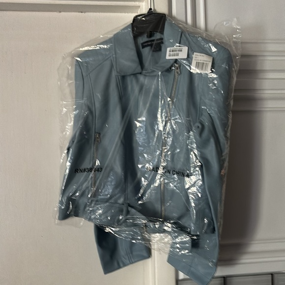 French Connection Asymmetrical Moto Jacket in Sky Blue NWT Sz L - Picture 4 of 7